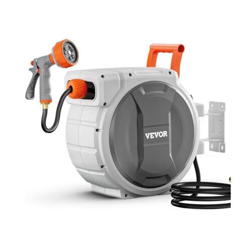 VEVOR Retractable Garden Hose Reel, 5/8 Inch x 100 ft Wall Mounted, 9 Patterns Nozzle, Any Length Lock, Upgraded Slow Return System and 180°Swivel Bracket