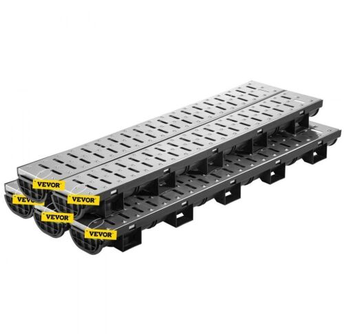 VEVOR Trench Drain System, Channel Drain with Metal Grate, 5.7x3.1-Inch HDPE Drainage Trench, 5x39 Trench Drain Grate, with 5 End Caps, 5 Pack