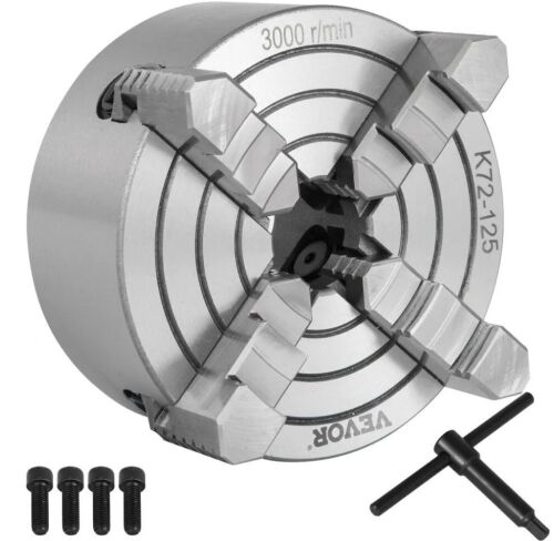 VEVOR K72-125 Lathe Chuck, 5 Inch, 4-Jaw, Independent Metal Lathe Chuck with Reversible Jaw, Cast Iron Body, 0.276 -2.244 in Internal 1.89 -4.92 in External Jaw Clamping Range