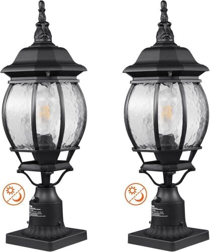 VEVOR 2 Pack Outdoor Post Light, Dusk to Dawn 22.64'' Large Size, 5.5 in Pier Mount Base - 1 Glass Panel Cracked