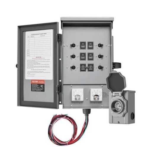 VEVOR Manual Transfer Switch, 30-Amp 6-Circuit, Prewired Generator Transfer Switch Kit with NEMA L14-30P Power Inlet Box, Double-Throw Switch, NEMA 3R, Mechanical Watt Meter, for 7500W Generators