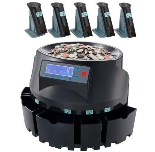 VEVOR USD Coin Counter & Coin Sorters with LCD Display, for USD Coin 1￠ 5￠ 10￠ 25￠ $1, Sorts up to 300 Coins/min, Holds 2000 Coins Included 5 Coin Bins & 5 Tubes