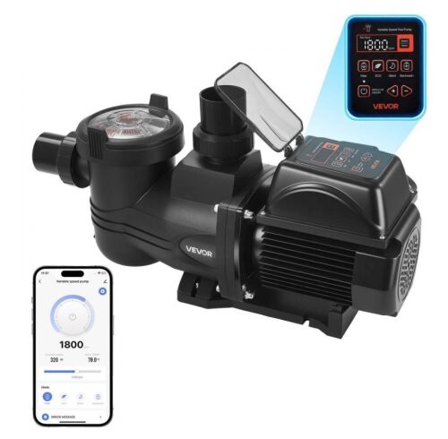 VEVOR Variable Speed Pool Pump with Filter Basket, 2 HP, AC 220-240V, 145 GPM, Powerful Self Priming, Programmable Timer