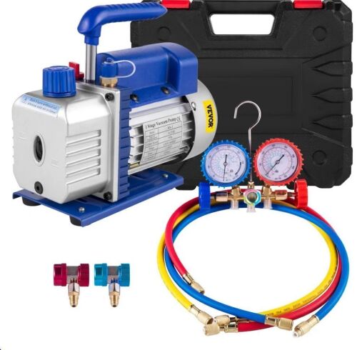 VEVOR 3CFM 1/4HP Single Stage Air Vacuum Pump HVAC R134a R12 R22 R410a A/C Refrigeration Kit AC Manifold Gauge R134 Can Tap Included Carrying Tote