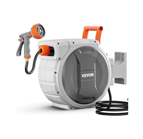 VEVOR Retractable Garden Hose Reel, 1/2 Inch x 84 ft Wall Mounted, 9 Patterns Nozzle, Any Length Lock, Upgraded Slow Return System and 180°Swivel Bracket
