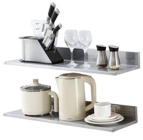VEVOR 8.6" x 30" 2 Pack Stainless Wall Mounted Floating Shelving with Backsplash, 44 lbs Load Capacity
