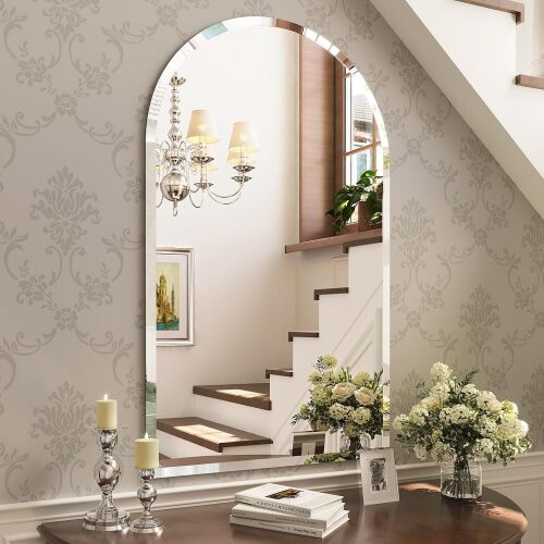 Frameless Bathroom Mirror, 28" x 40" Arched Beveled Frameless Mirror, Arch Wall Mounted Vanity Bathroom Mirror for Over Sink, Living Room, Bedroom, Entryway