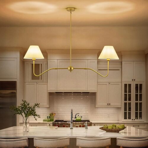 2-Light Gold Modern Linear Chandelier, 55 Inch Farmhouse Kitchen Island Lighting with White Fabric Shades, Dining Room Light Fixtures for Living Room Bedroom, Height Adjustable