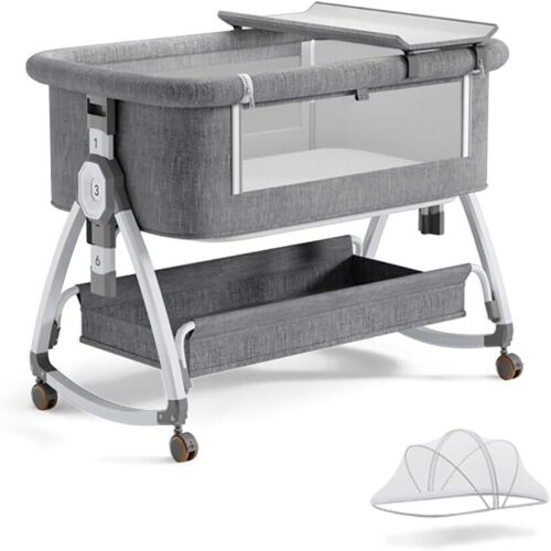 bonbay Baby Bassinet, Bedside Bassinet for Baby, 4 in 1 Portable Bassinet Bedside Sleeper with Wheels Mosquito Net & Storage Basket, 6 Height Adjustable Rocking Bassinet for Newborn Baby
