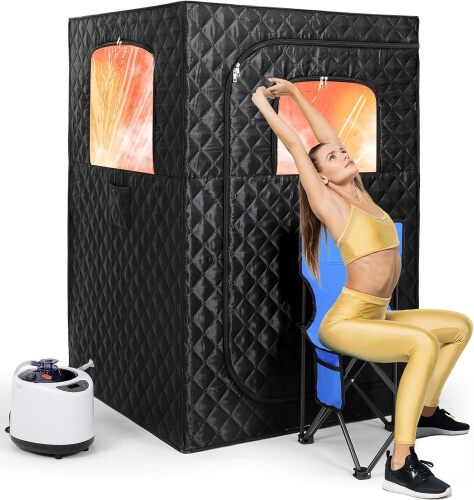 Upgraded Portable Sauna for Home, Portable Steam Sauna, Home Sauna Sauna Box with 2.6L Steamer, 99 Minute Timer, Remote Control, Folding Chair Included(Black)