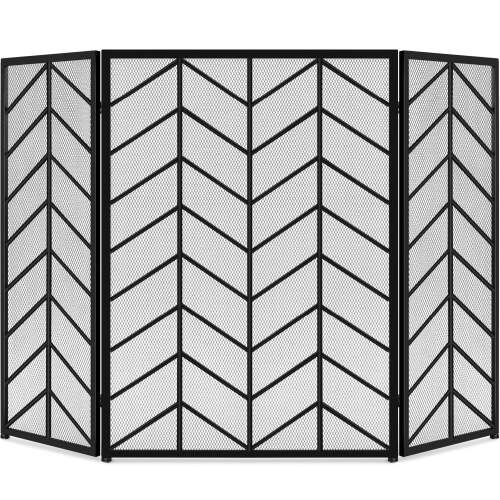 3-Panel Iron Chevron Fireplace Screen w/ Handles - 52x31in