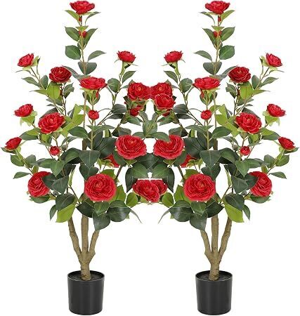 Artificial Camellia Tree with Lifelike Red Flowers & Leaves