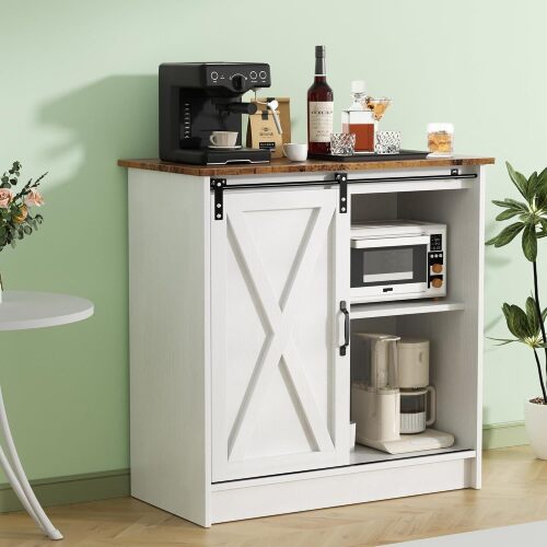 Farmhouse Coffee Bar Cabinet, Coffee Bar Table with Sliding Barn Door, Kitchern Coffee Bar with Adjustable Shelves for Dining Room, Living Room