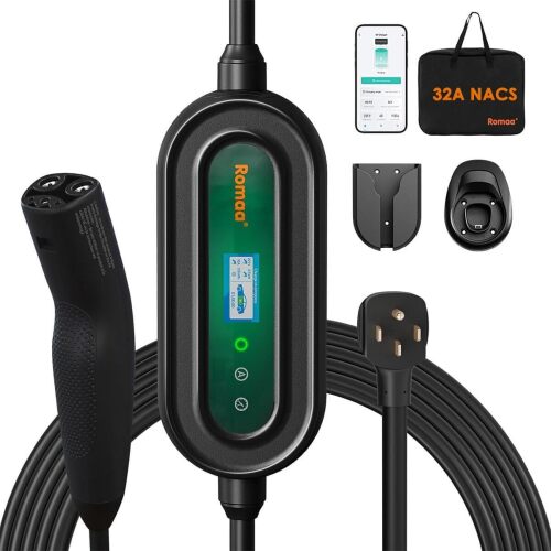 Romaa for Tesla Mobile Charger Level 2 32 Amp, Portable Wall Charger with WiFi/App, Adjustable Current, 240V NEMA 14-50, NACS Connector, 25ft Charging Cable, Fast Home Charger for Tesla Model 3/Y/S/X
