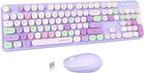 UBOTIE Colorful Wireless Keyboard and Mouse Combos, Retro Typewriter Floating Flexible Full-Sized Keys Computer Keyboard with Optical Mouse, 2.4GHz USB-A Connection for Windows Mac (Purple-Colorful)