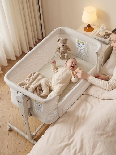 Baby Bassinet Bedside Sleeper 3-in-1, Easy Night Feeding with One-Side Fold & Rolling Wheels, Breathable Mesh, 6-Height Adjustable, Soft Mattress for Newborns