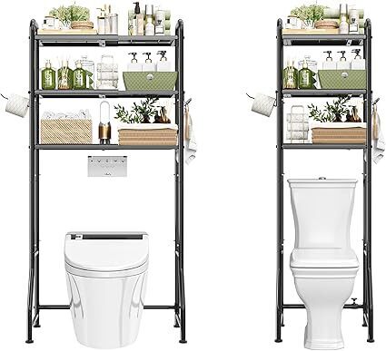 Simple Trending Expandable Over The Toilet Storage Rack, Metal 3 Tier Bathroom Organizer Shelf with Paper Holder and 3 Hooks, Black