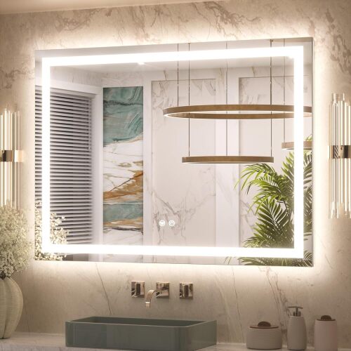 Rectangular LED Bathroom Mirror with Lights, Anti-Fog, Dimmable, Backlit + Front Lit, Lighted Bathroom Vanity Mirror for Wall