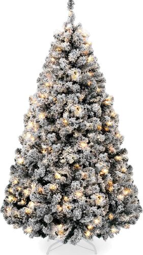 Pre-Lit Black Christmas Tree, 7.5ft Artificial Flocked Full Fir Tree, Holiday Decoration w/ 250 Lights, 928 Branch Tips