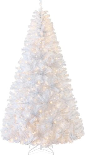 White Christmas Tree 9ft Pre-Lit Artificial Pine Tree Premium Holiday Decoration w/Warm White Lights, Stand, Easy Assembly