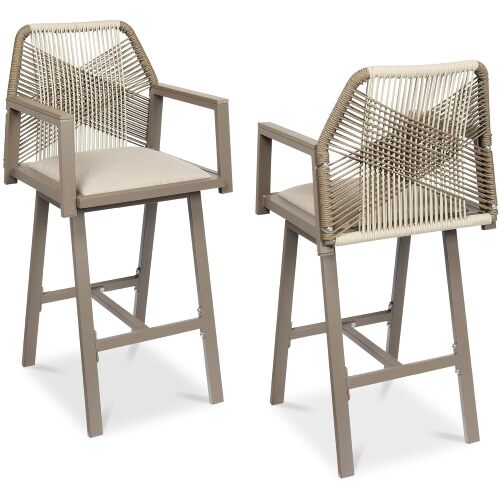 Outdoor Bar Stools Set of 2, Bar Height, 360° Swivel Aluminum Frame, All-Weather Woven Rope Chair Design w/Armrests