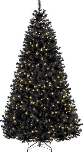 4.5ft Pre-Lit Black Christmas Tree, Full Artificial Holiday Decoration for Home, Office, Party Decoration w/ 362 Branch Tips, 175 Lights, Metal Hinges, Foldable Base