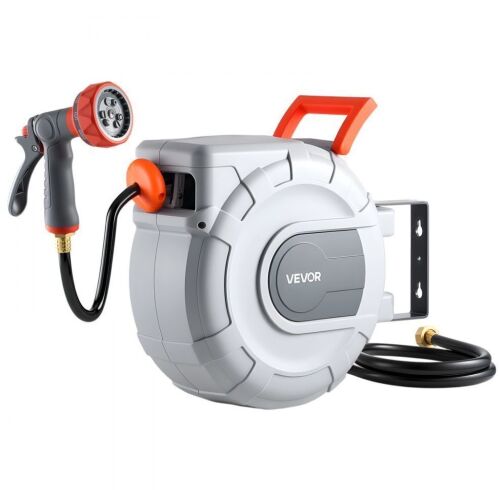 VEVOR Retractable Garden Hose Reel, 1/2 in x 50 ft, Wall Mounted, 9-Function Sprayer Nozzle and 180° Swivel Bracket, Any Length Lock, Automatic Slow Rewind System