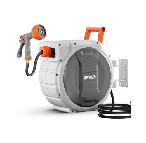 VEVOR Retractable Garden Hose Reel, 5/8 Inch x 100 ft Wall Mounted, 9 Patterns Nozzle, Any Length Lock, Upgraded Slow Return System and 180°Swivel Bracket