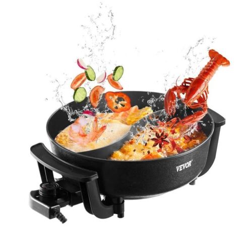 VEVOR 1360W 5 L Electric Non-Stick Hot Pot with Divider, Clear Glass Lid, Temperature Control