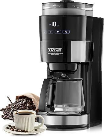 VEVOR 10 Cup Coffee Maker with Grinder, 3 Brew Strength Control, Adjustable Grinding Coarseness