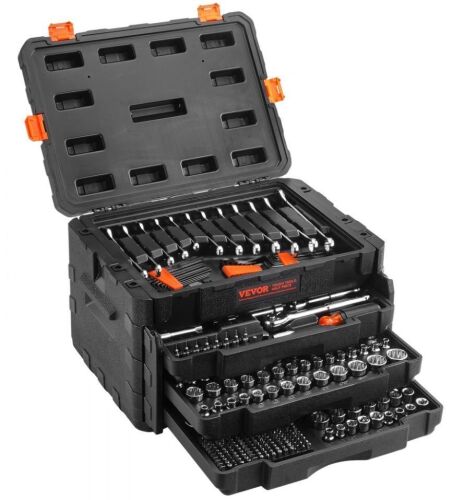 VEVOR 1/4" 3/8" 1/2" Drive Deep and Standard Sockets, 450 Pcs SAE and Metric Mechanic Tool Kit with Bits, Hex Wrenches, Combination Wrench