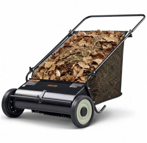 VEVOR Push Lawn Sweeper, 26-inch Leaf & Grass Collector, 7 cu. ft. Mesh Collection Hopper Bag, 4 Spinning Brushes