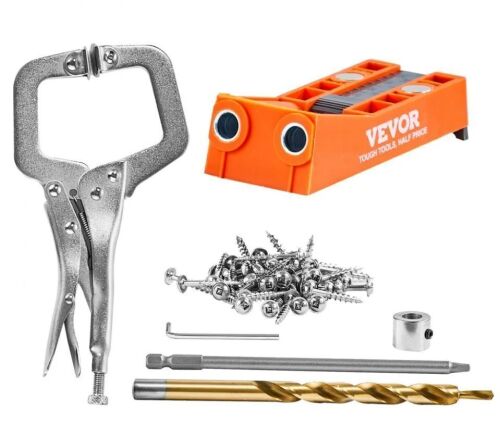 VEVOR Mini Jig Pocket Hole System with 9" C-clamp, Step Drill, Wrench, Square Drive Bit, Drill Stop Ring, and Screws