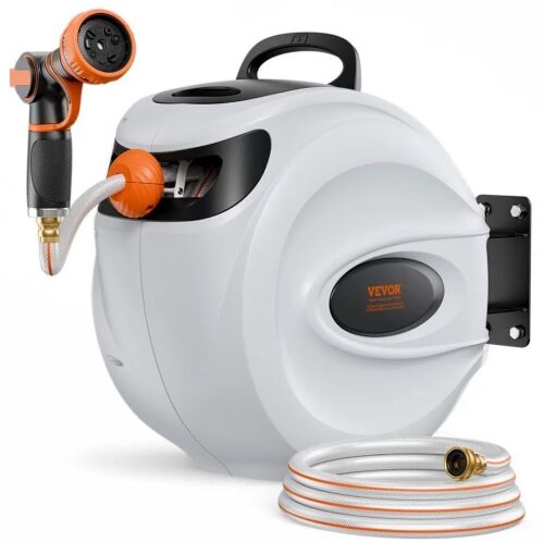 VEVOR Retractable Hose Reel, 130 ft x 1/2 inch, 180° Swivel Bracket Wall-Mounted, 9-Pattern Nozzle, Automatic Rewind, Lock at Any Length, and Slow Return System