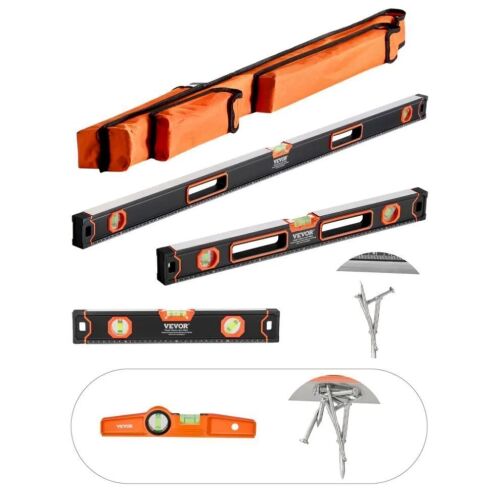 VEVOR 4-Piece Torpedo Level, 48/24/16/10 Inch Box Levels Set, Fluorescent Light Up Bubble Vials Ruler for 45/90/180 Degree