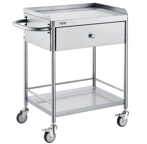 VEVOR 2-Layer Stainless Steel Utility Cart with Wheels, Drawer, 220 lbs Weight Capacity