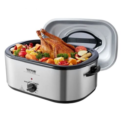 VEVOR Electric 24 QT Turkey Roaster Oven with Self-Basting Lid, 1450W, Defrost & Warm Function, Adjustable Temp, Removable Pan & Rack, Fits Turkeys Up to 28LBS, Silver