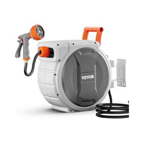 VEVOR Retractable Garden Hose Reel, 1/2 Inch x 145 ft Wall Mounted, 9 Patterns Nozzle, Any Length Lock, Upgraded Slow Return System and 180°Swivel Bracket