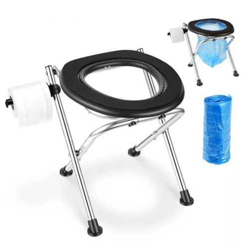 VEVOR Stainless Steel Foldable Camp Travel Toilet with Soft Seat, 350 lbs Weight Capacity