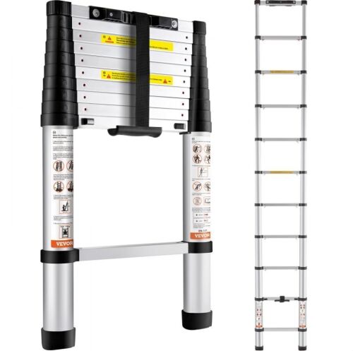 VEVOR 10.5 FT Aluminum One-button Retraction Collapsible Extension Ladder, 375 LBS Capacity with Non-slip Feet