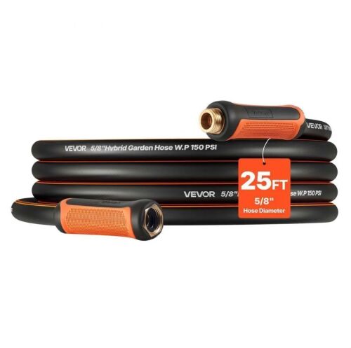 VEVOR 25 ft 5/8" Heavy Duty 4-Layer Rubber Garden Hose, 150PSI Working & 600PSI Burst, Flexible & Non-kink with 3/4" Fitting
