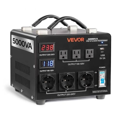 VEVOR Voltage Auto Converter Transformer, 5000VA, Heavy Duty Step Up/Down Power Transformer, 110V to 220V and 220V to 110V, with 3 US Outlets, 3 EU Outlets, LCD Display, Circuit Breaker Protection