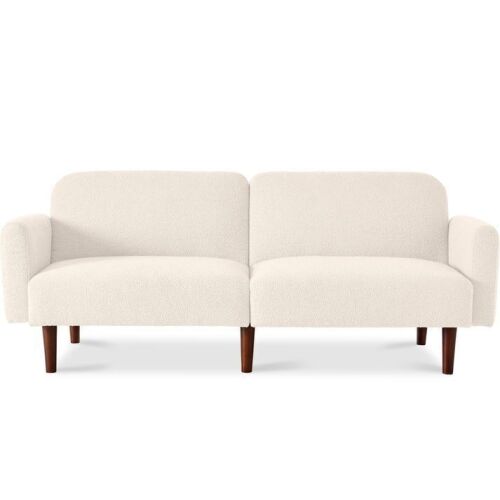 Curved Convertible Futon, Boucle Fabric Split-Back Sleeper Bed