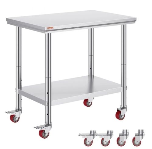 VEVOR Stainless Steel Work Table 35 x 24 x 33 Inch, 700 LBS Load Capacity with 4 Wheels, 3 Adjustable Height Levels - Dented