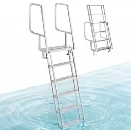 VEVOR Flip-Up Dock Ladder, 6-Step, Heavy-Duty Aluminum Alloy Pontoon Boat Swim Ladder, with Non-Slip Wide Steps, 350 lbs Weight Capacity, Pull Rope Assist