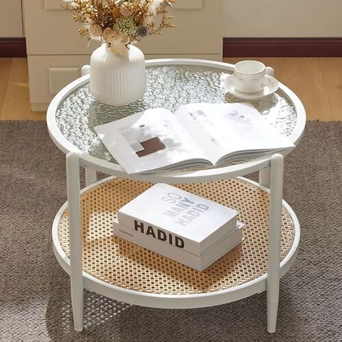 25.6in Round Glass Coffee Table with 2 Tier Storage
