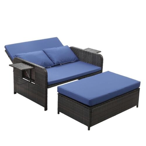 2-in-1 Patio Rattan Daybed, 5-Level Adjustable Backrest with Storage Ottoman & Cushions, Blue