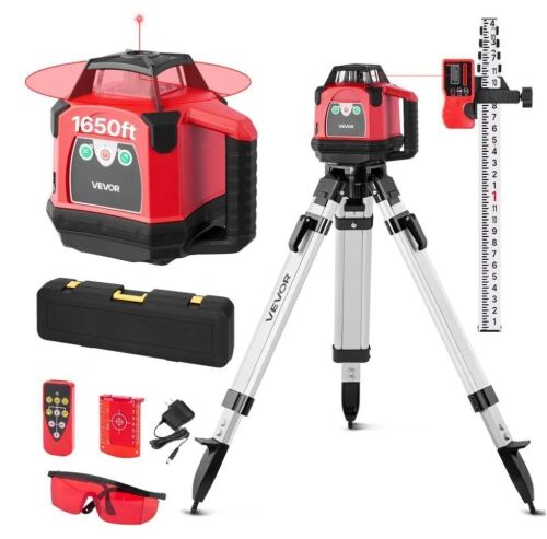 VEVOR Rotary Laser Level Kit, 1650ft 360-Degree Self Leveling Red Horizontal Laser Transit,with Heavy-duty Tripod, Receiver, Remote Control, Toolcase, IP54 Waterproof, 0.06 in/100 ft for Construction