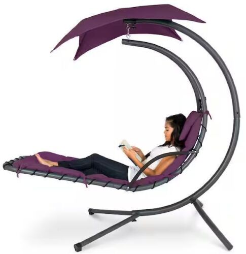 Hanging Curved Chaise Lounge Chair w/ Built-In Pillow, Removable Canopy