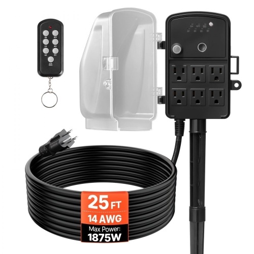 VEVOR Outdoor Power Strip Stake with Cover, 25FT Extension Cord, Remote Control Dusk to Dawn, 6 Outlets, 1875W/15A